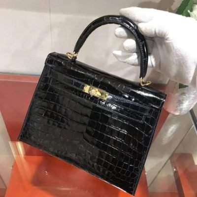 Hermes Kelly Croc Effect Leather Bag
