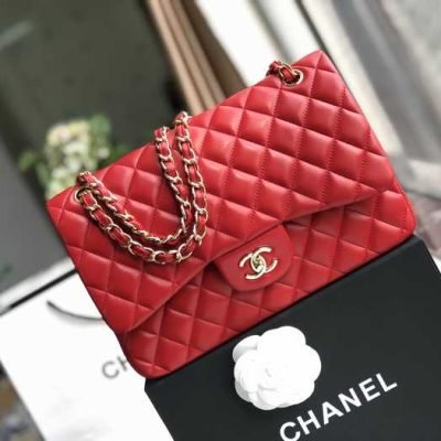 Chanel Classic Double Flap 30 Shoulder Bag Red Golden Hardware