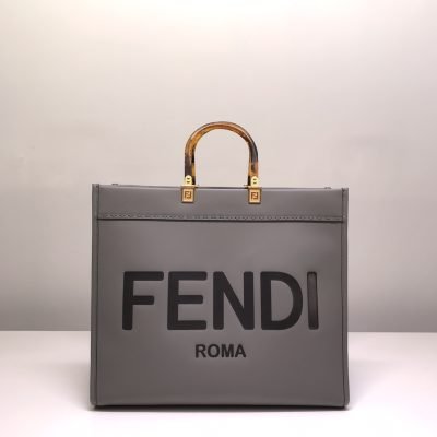 Fendi Sunshine Leather Shopper Tote Bag Gray