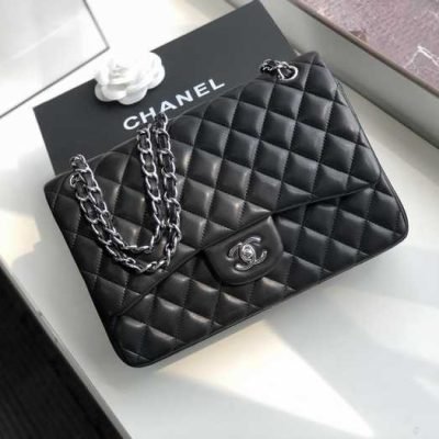Chanel Classic Double Flap 30 Shoulder Bag Black Silver Hardware