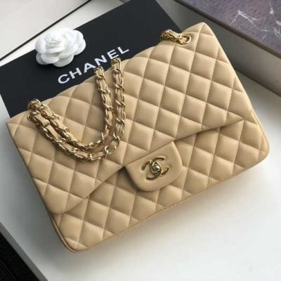 Chanel Classic Double Flap 30 Shoulder Bag Beige Golden Hardware