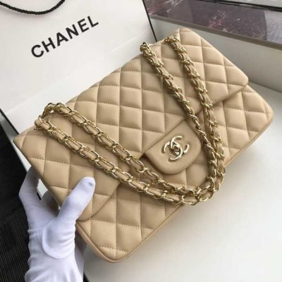 Chanel Classic Double Flap 30 Shoulder Bag Beige Golden Hardware