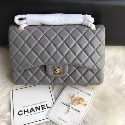 Chanel Classic Double Flap 30 Shoulder Bag Grey Golden Hardware