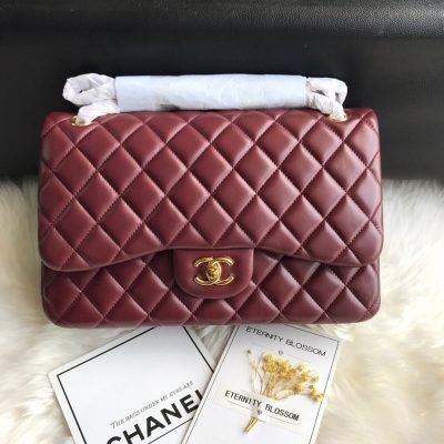 Chanel Classic Double Flap 30 Shoulder Bag Maroon Golden Hardware